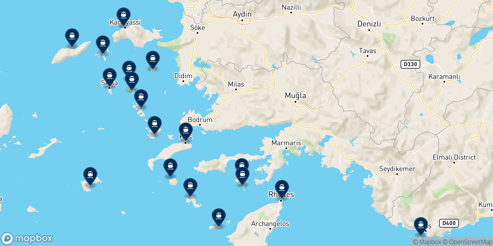 Mapa de los destinos Dodekanisos Seaways