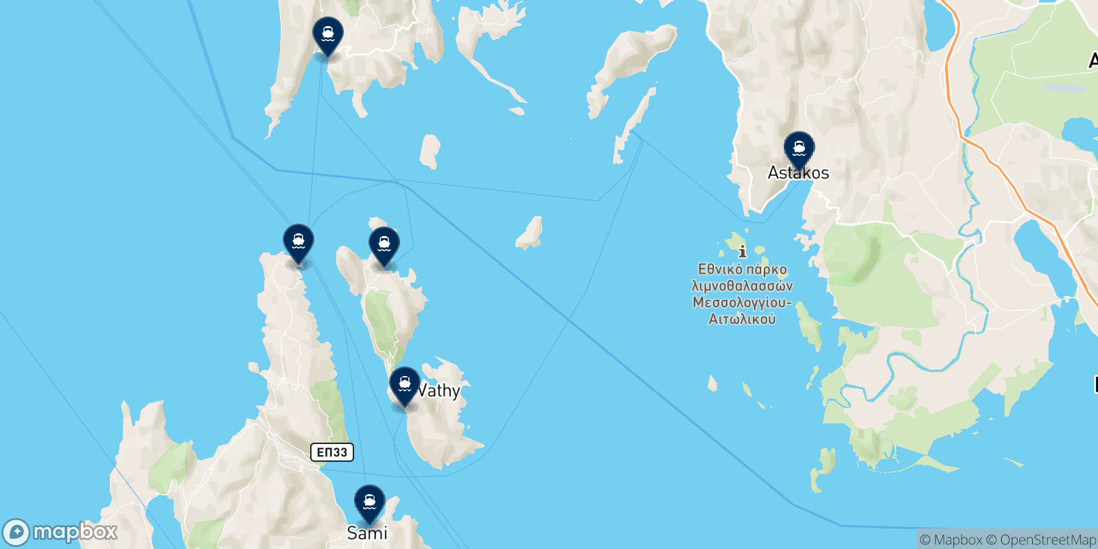 Mapa de los destinos Ionion Pelagos