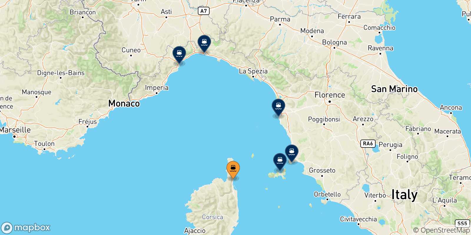 Mapa de las posibles rutas entre Bastia y  Italia