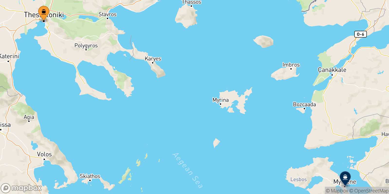Mapa de la ruta Salónica Mytilene (Lesvos)