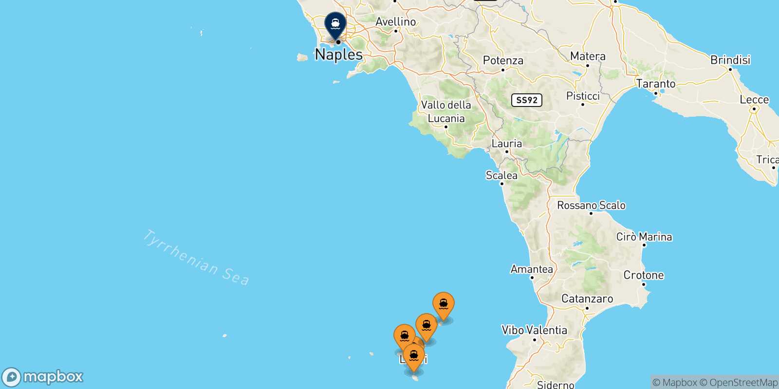 Mapa de los puertos conectados con  Nápoles Mergellina