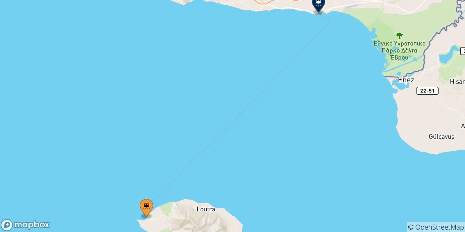 Mapa de las posibles rutas entre Samothraki y  Grecia
