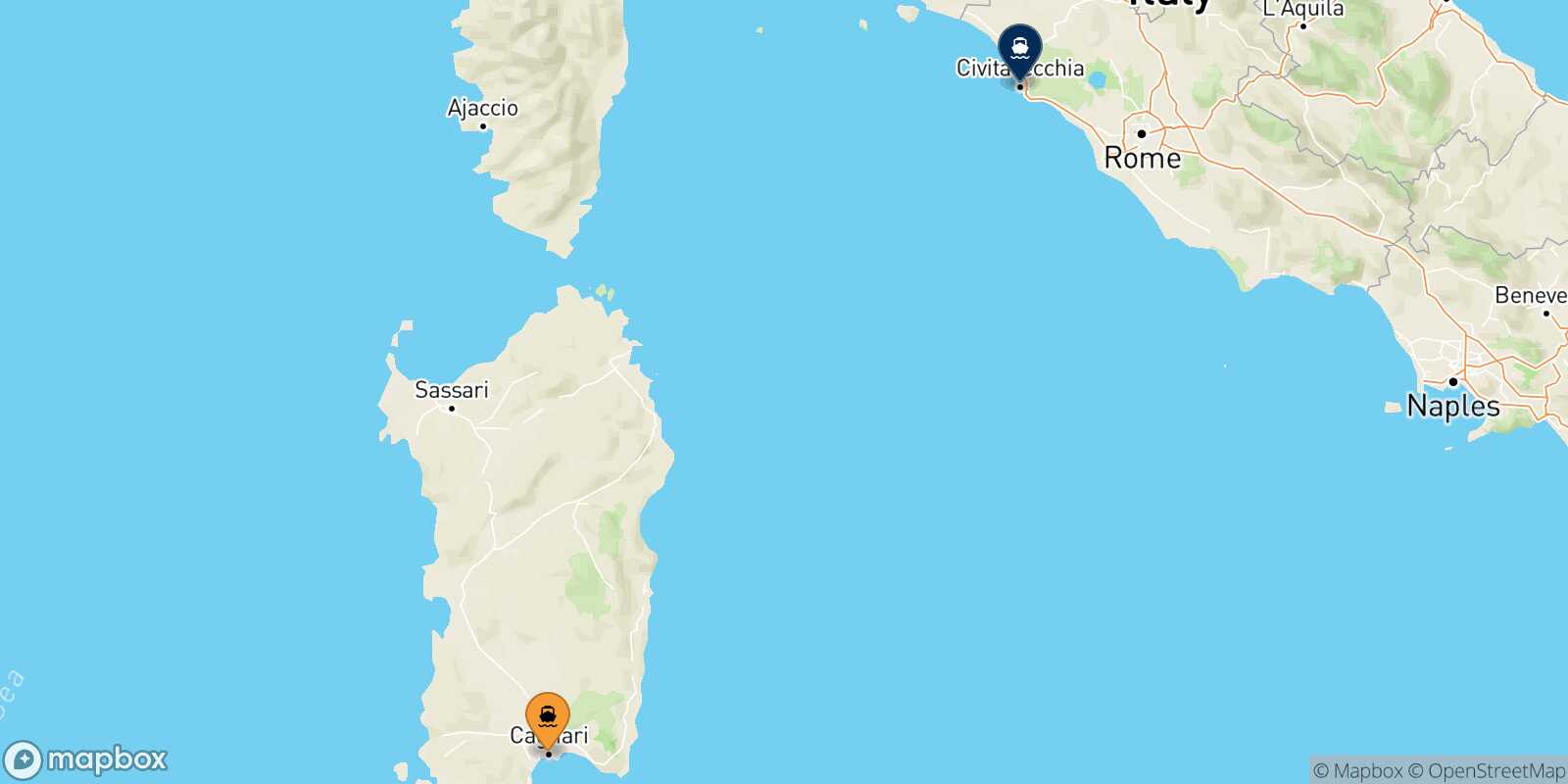 Mapa de la ruta Cagliari Civitavecchia