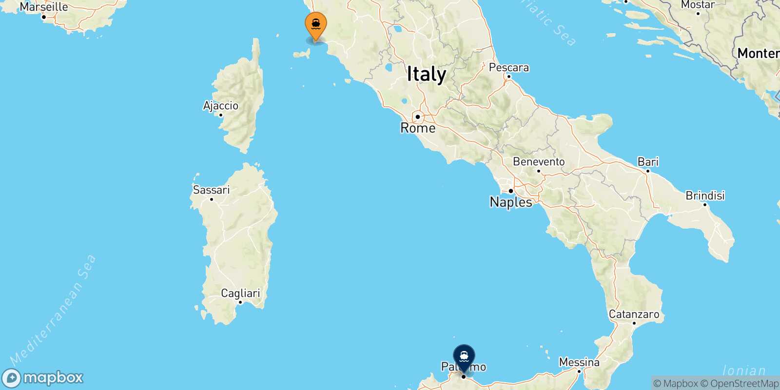 Mapa de la ruta Piombino Palermo