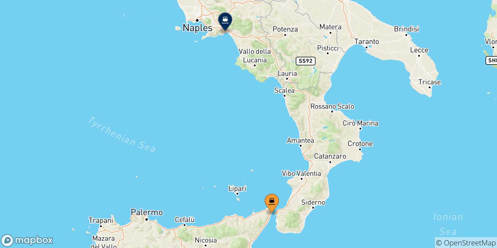 Mapa de las posibles rutas entre Mesina y  Italia