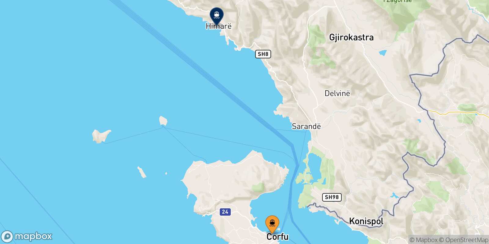 Mapa de la ruta Corfu Himare