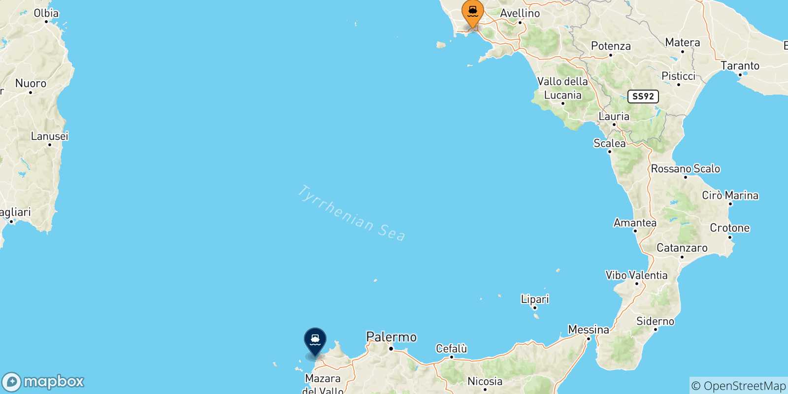 Mapa de las posibles rutas entre Nápoles Beverello y  Sicilia