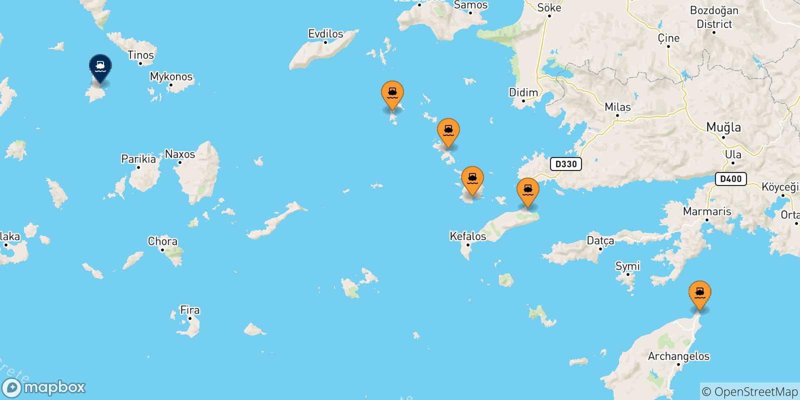 Mapa de las posibles rutas entre Dodecaneso y  Syros