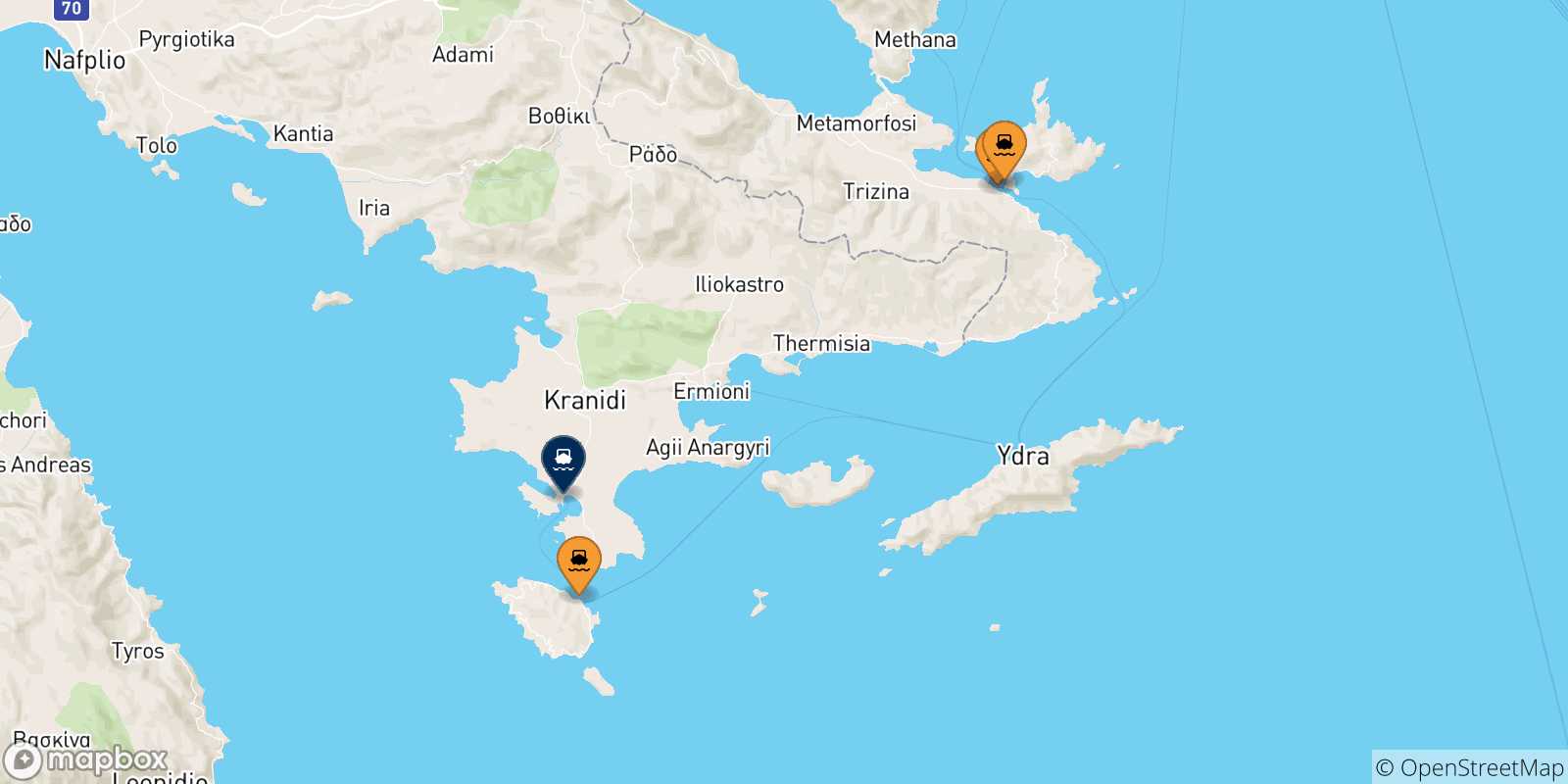 Mapa de las posibles rutas entre Islas Sarónicas y  Porto Heli