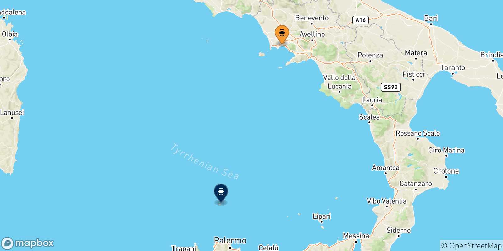 Mapa de las posibles rutas entre Nápoles Beverello y  La Isla De Ustica