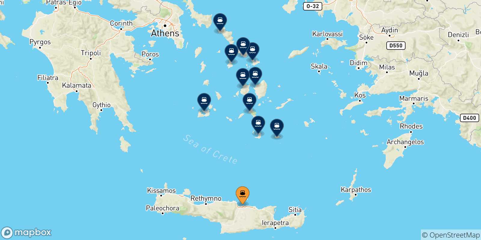 Mapa de las posibles rutas entre Heraklion y  Las Cicladas