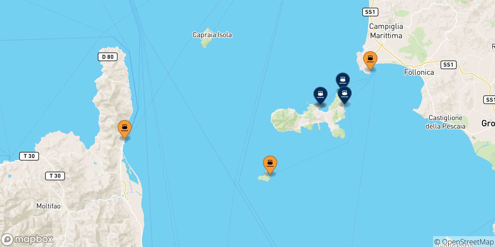 Mapa de los puertos conectados con  Isla De Elba