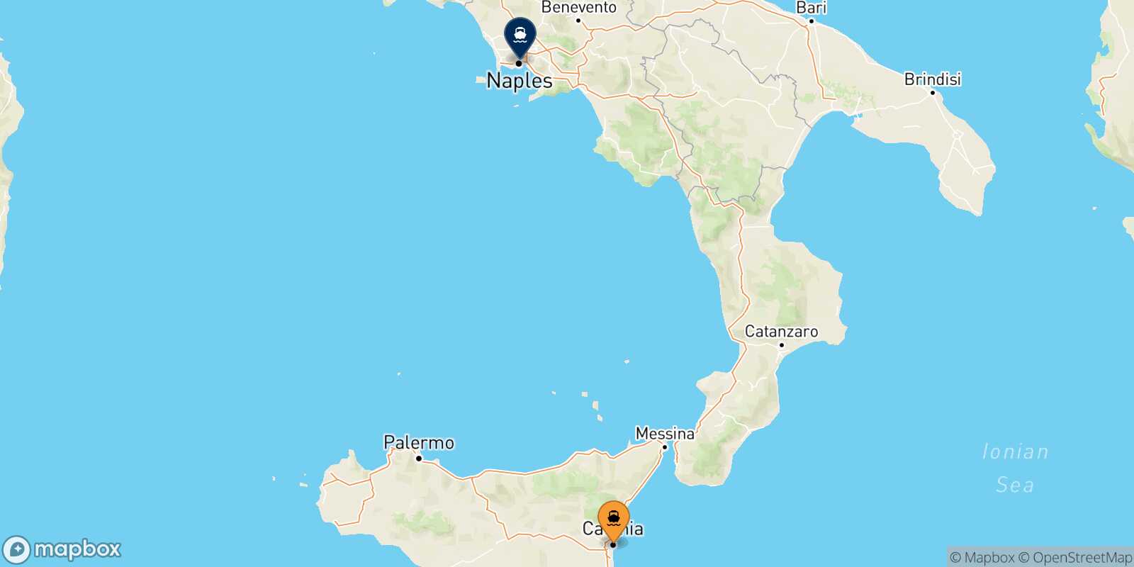 Mapa de la ruta Catania Nápoles