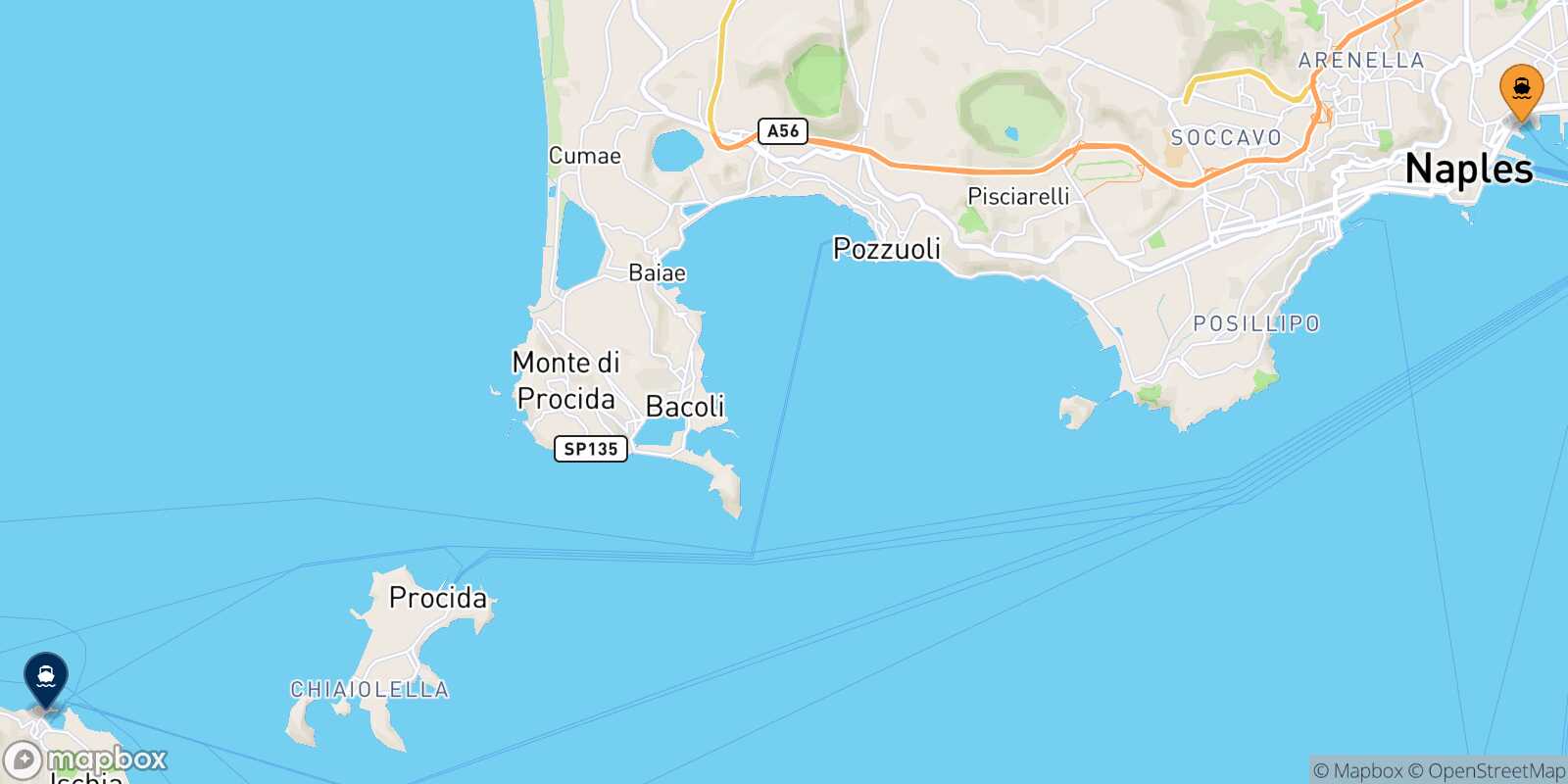 Mapa de la ruta Nápoles Beverello Ischia