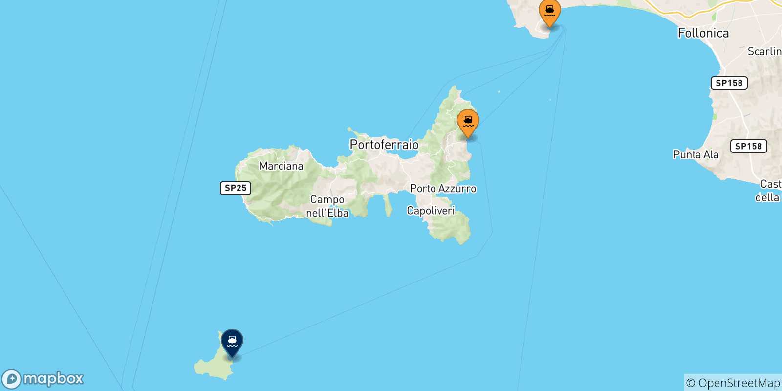 Mapa de las posibles rutas entre Italia y  Isla De Pianosa
