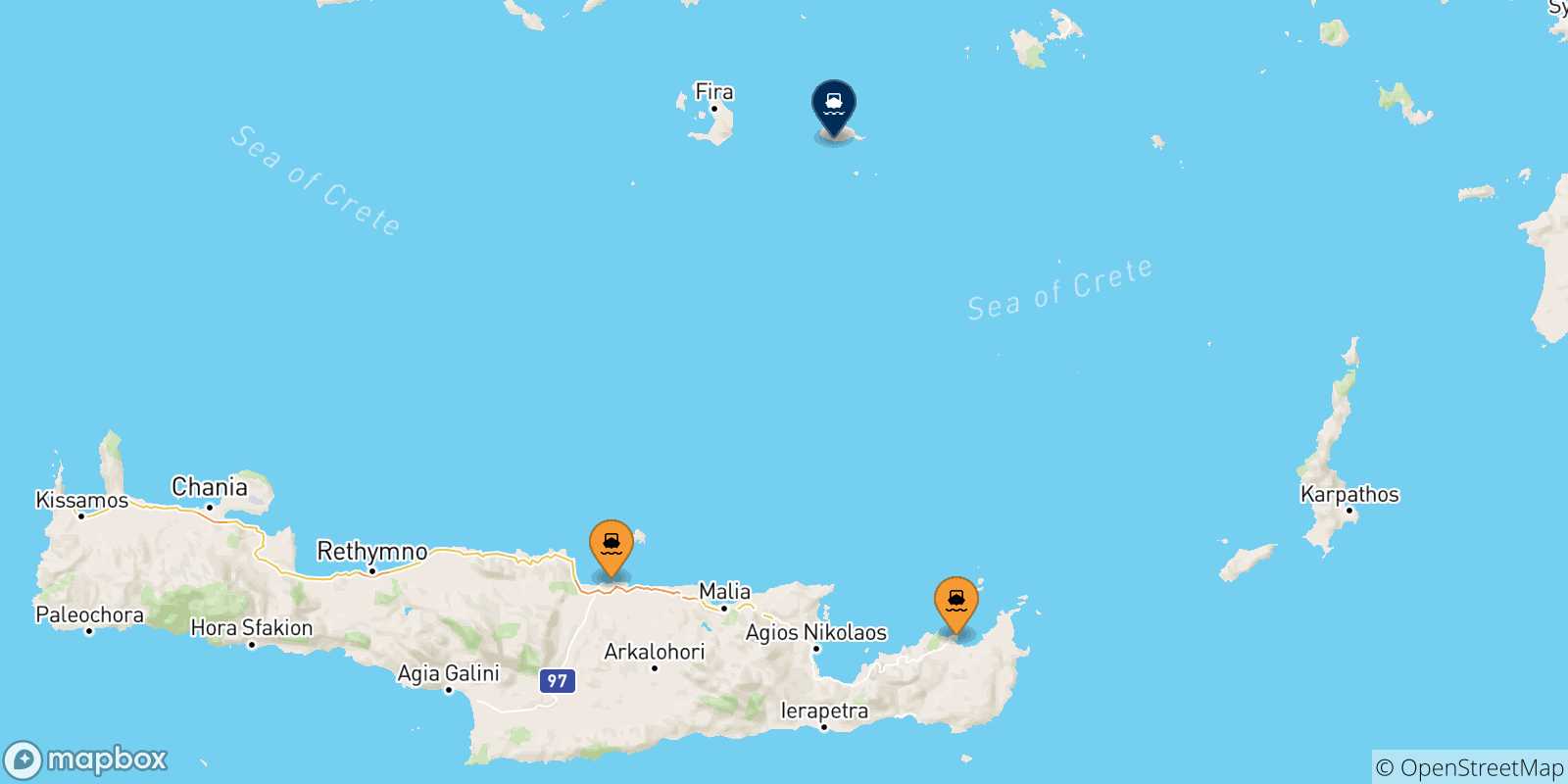 Mapa de las posibles rutas entre Creta y  Anafi
