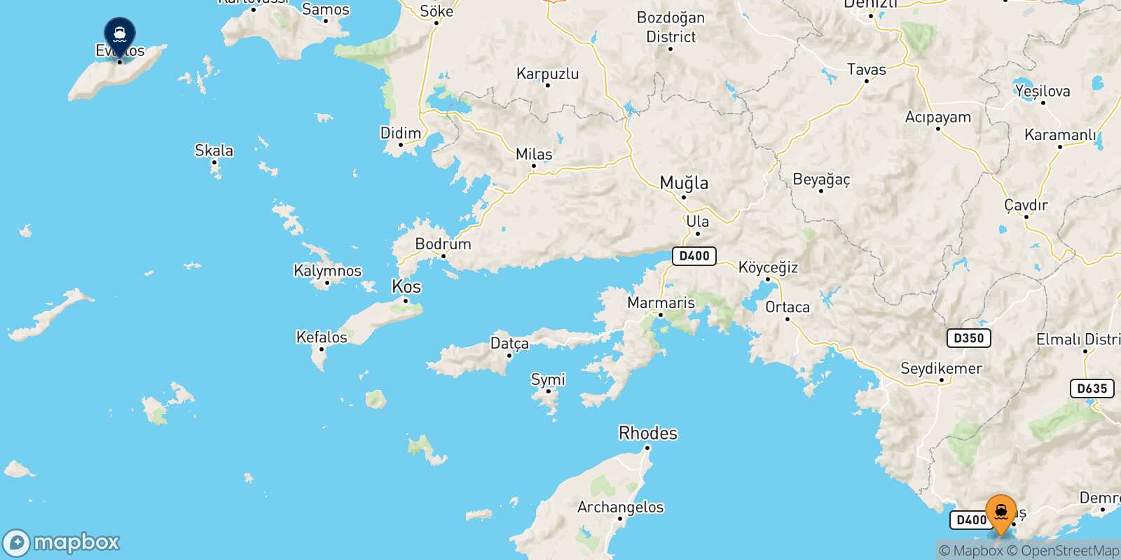 Mapa de la ruta Kastelorizo Agios Kirikos (Ikaria)
