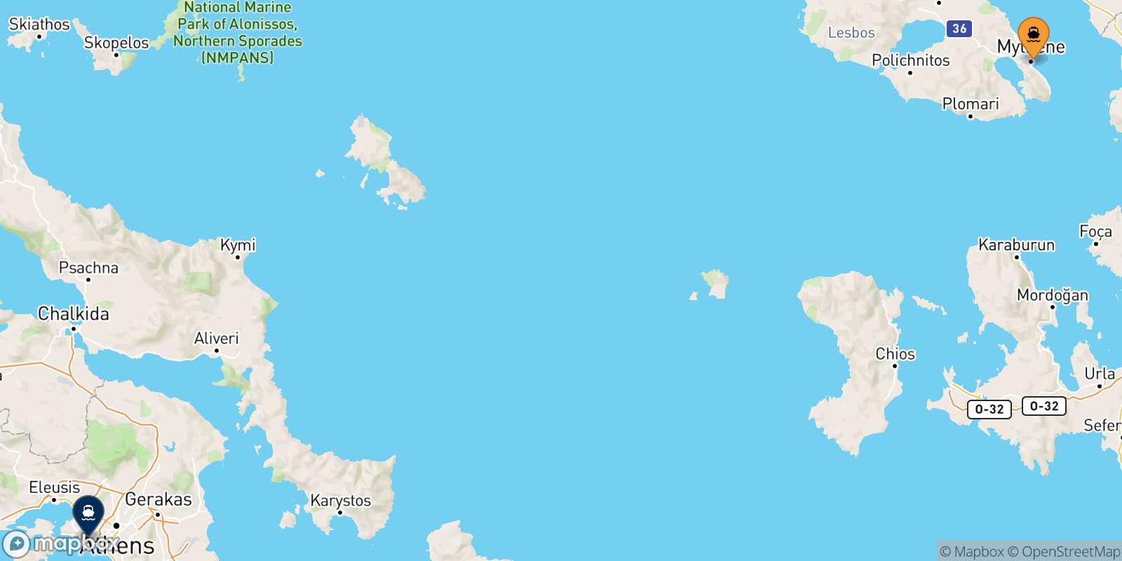 Mapa de la ruta Mytilene (Lesvos) El Pireo