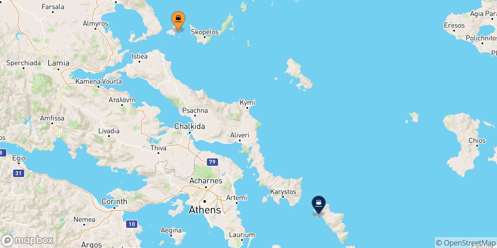 Mapa de las posibles rutas entre Islas Espóradas y  Andros