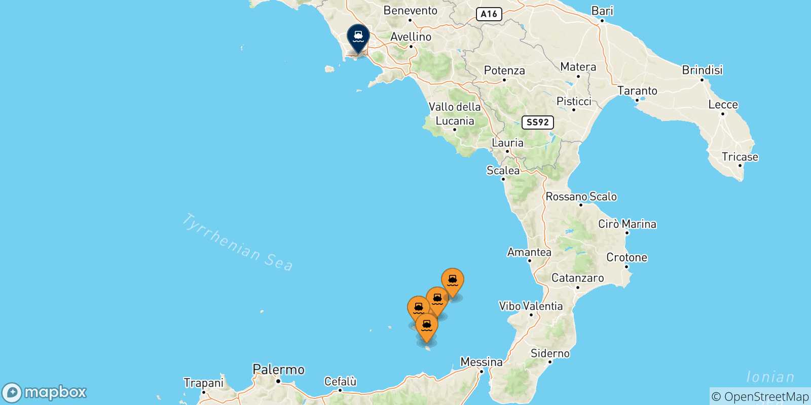 Mapa de las posibles rutas entre Islas Eólicas y  Nápoles Mergellina