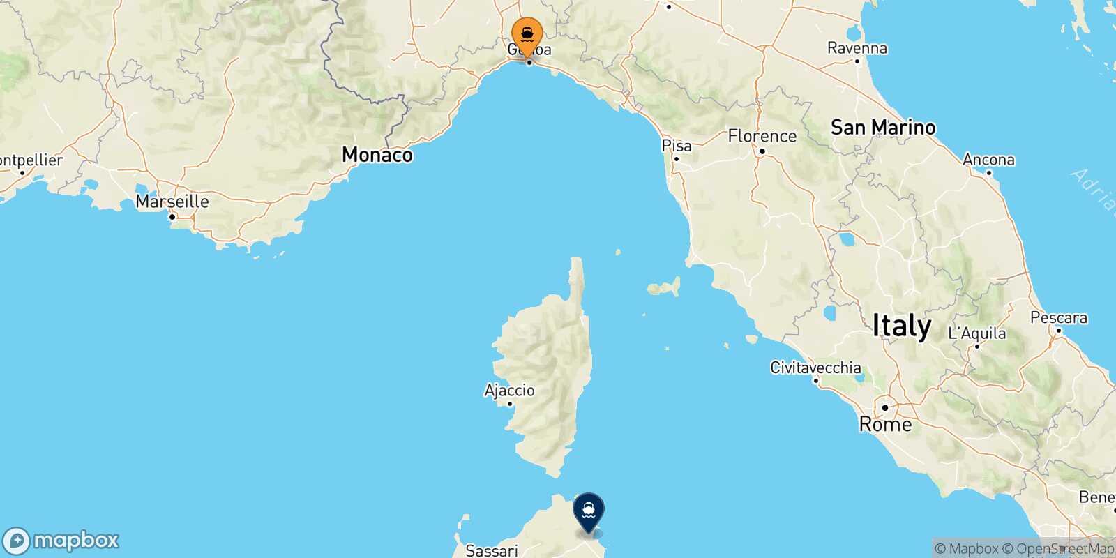 Mapa de la ruta Genova Olbia