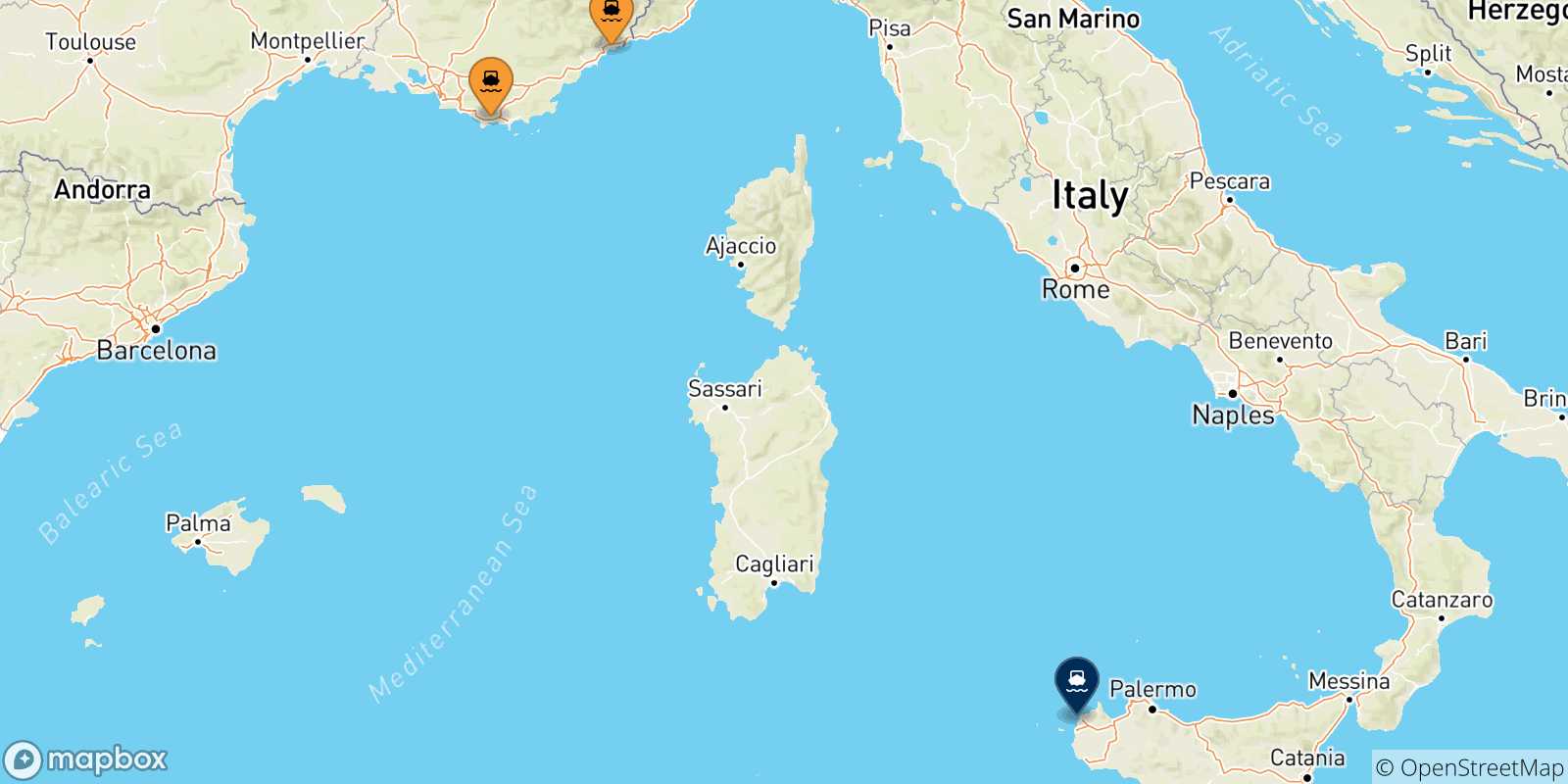 Mapa de las posibles rutas entre Francia y  Sicilia