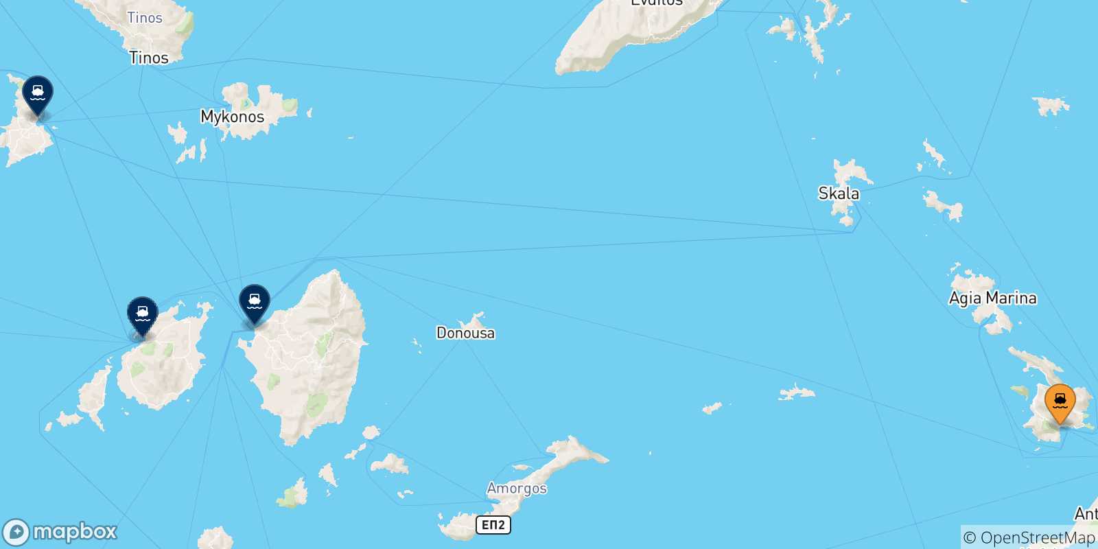 Mapa de las posibles rutas entre Kalymnos y  Las Cicladas