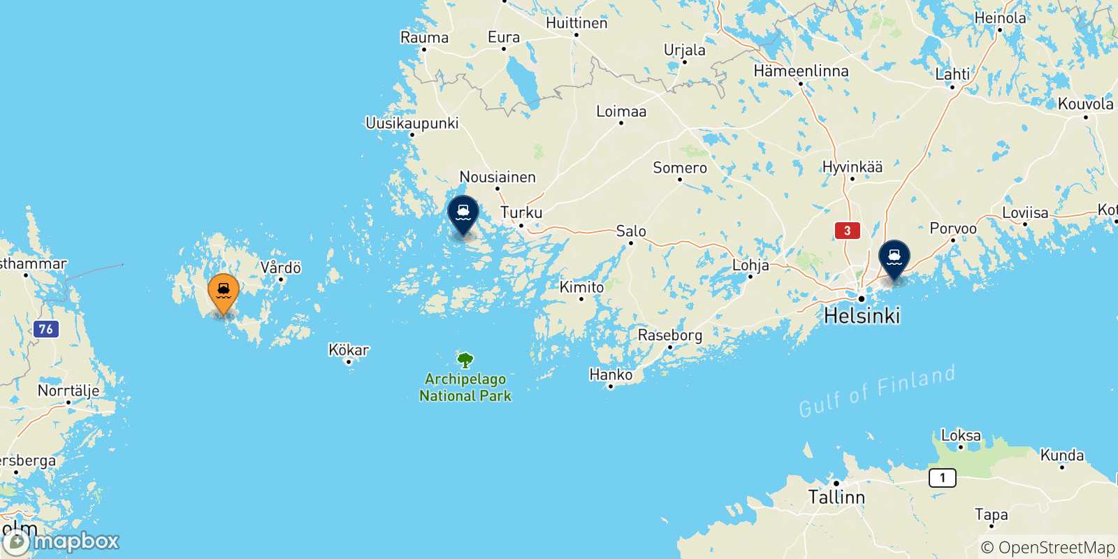 Mapa de las posibles rutas entre Mariehamn y  Finlandia