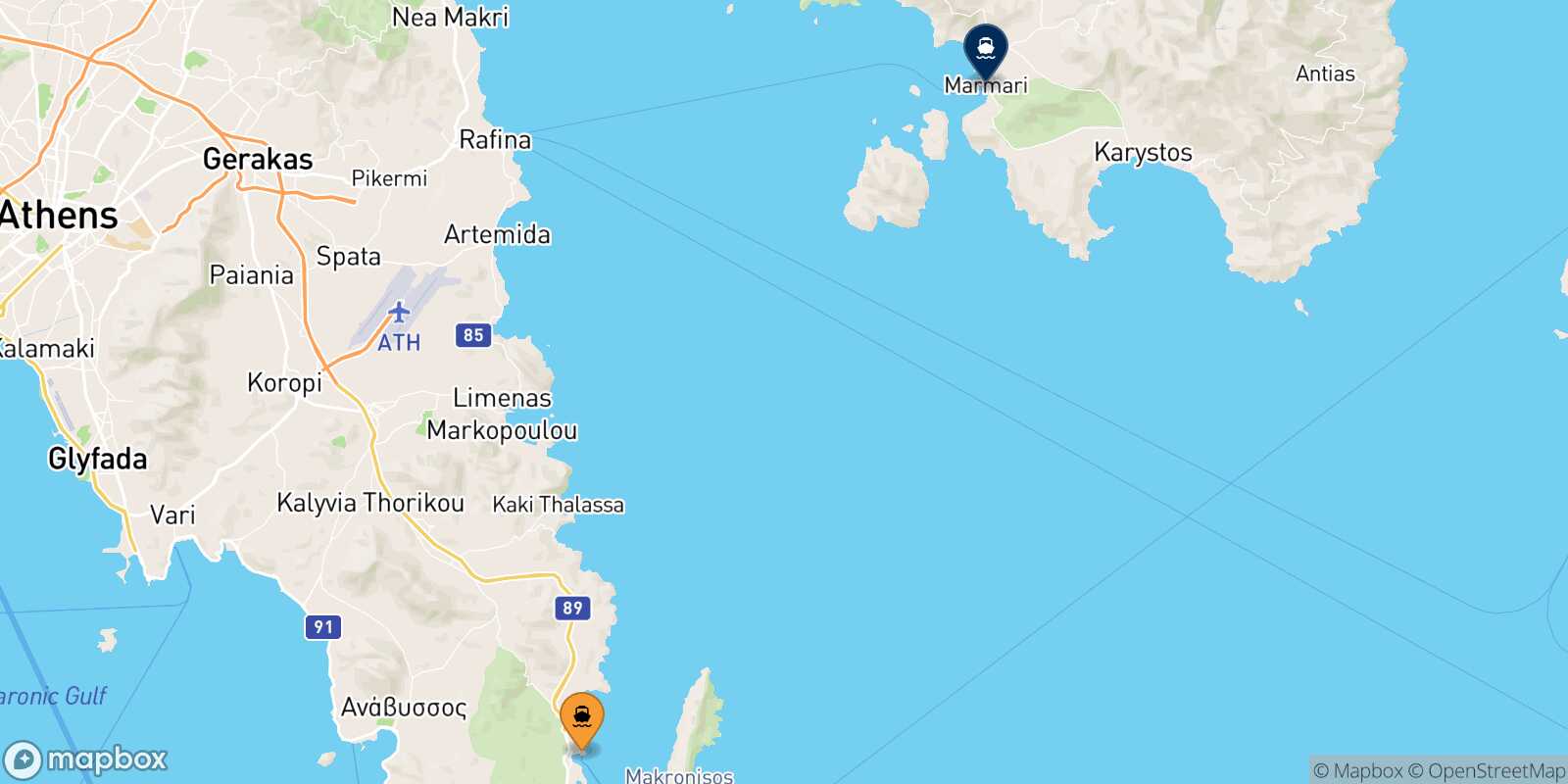 Mapa de la ruta Lavrio Marmari
