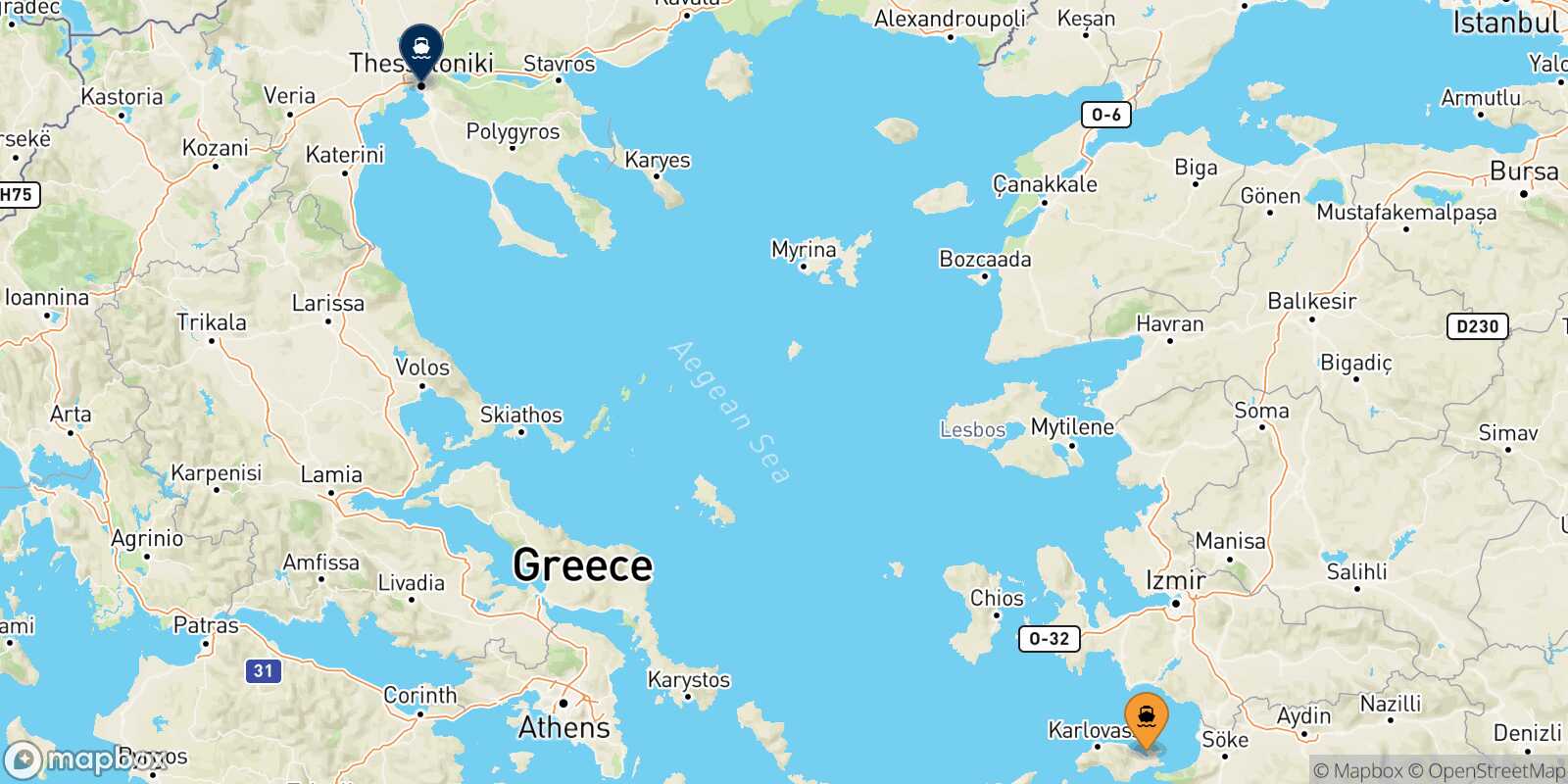 Mapa de la ruta Vathi (Samos) Salónica