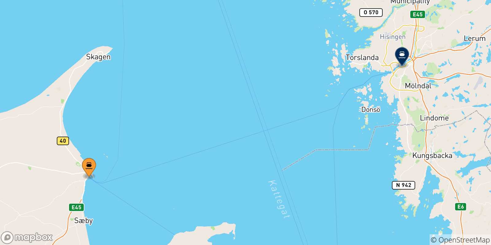 Mapa de las posibles rutas entre Dinamarca y  Gotemburgo
