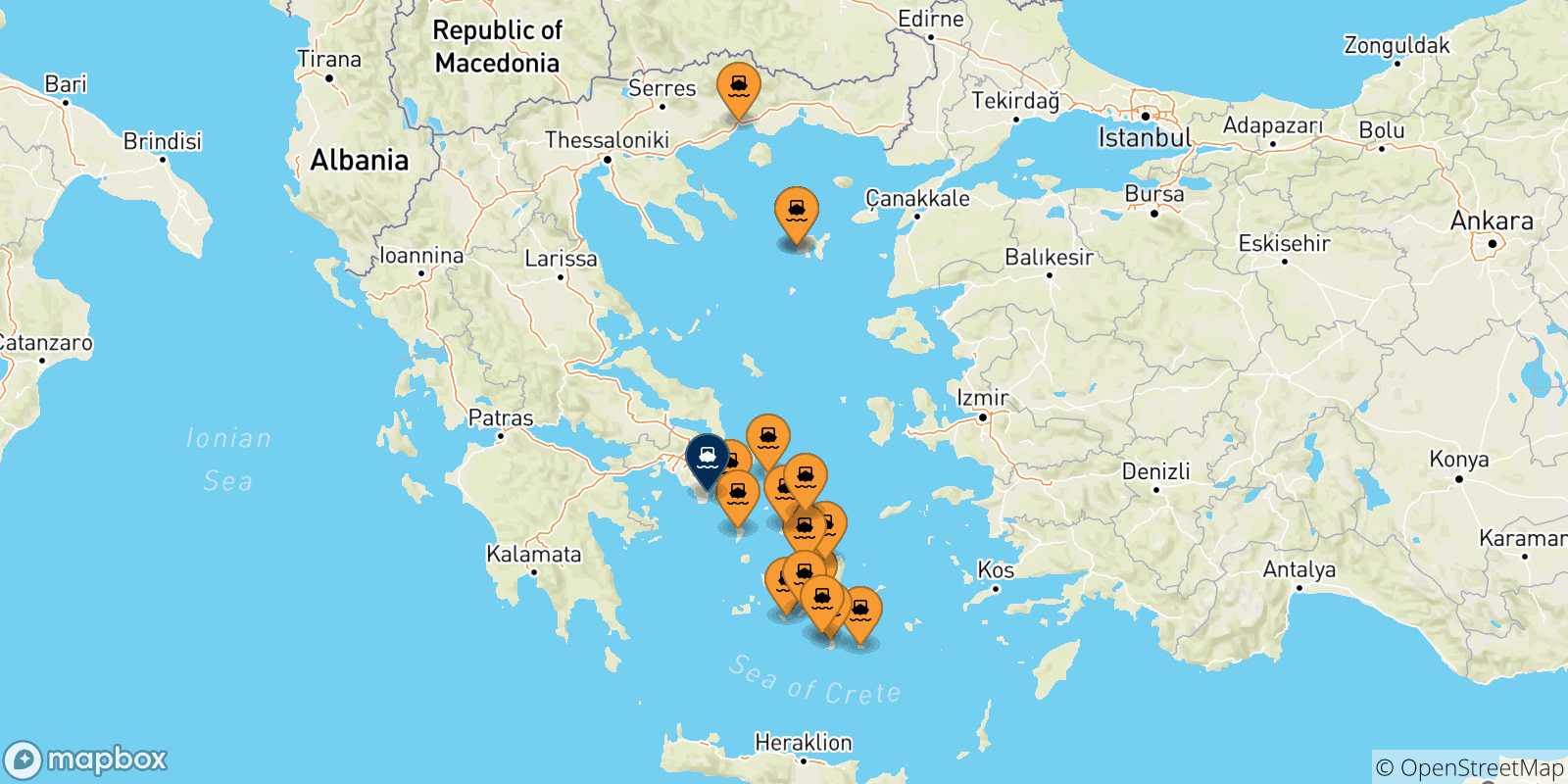 Mapa de las posibles rutas entre Grecia y  Lavrio