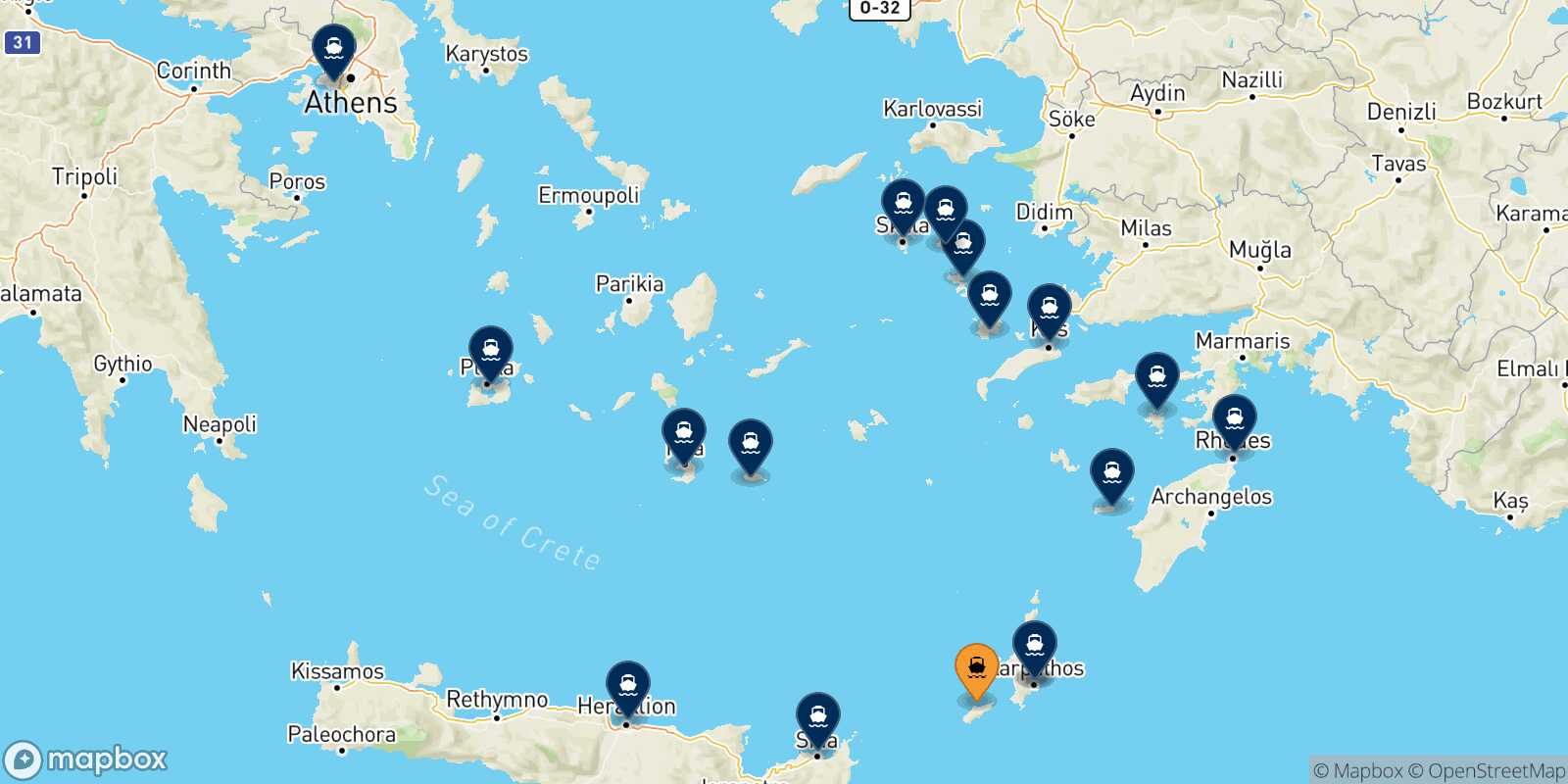 Mapa de los destinos alcanzables de Kasos