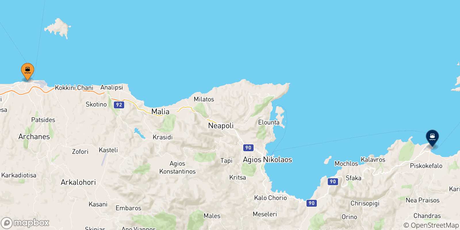 Mapa de las posibles rutas entre Heraklion y  Creta