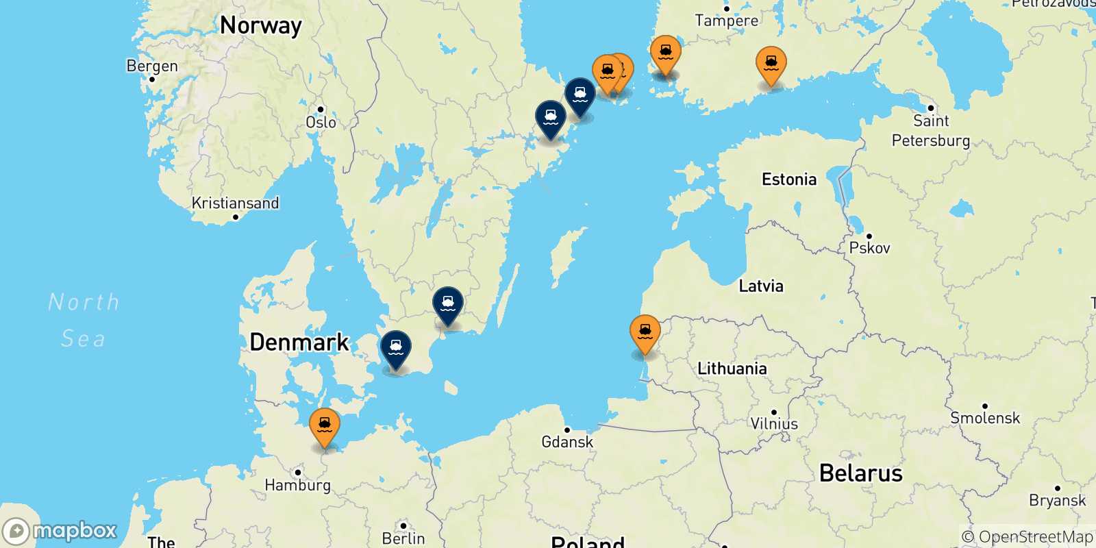 Mapa de los puertos conectados con  Suecia