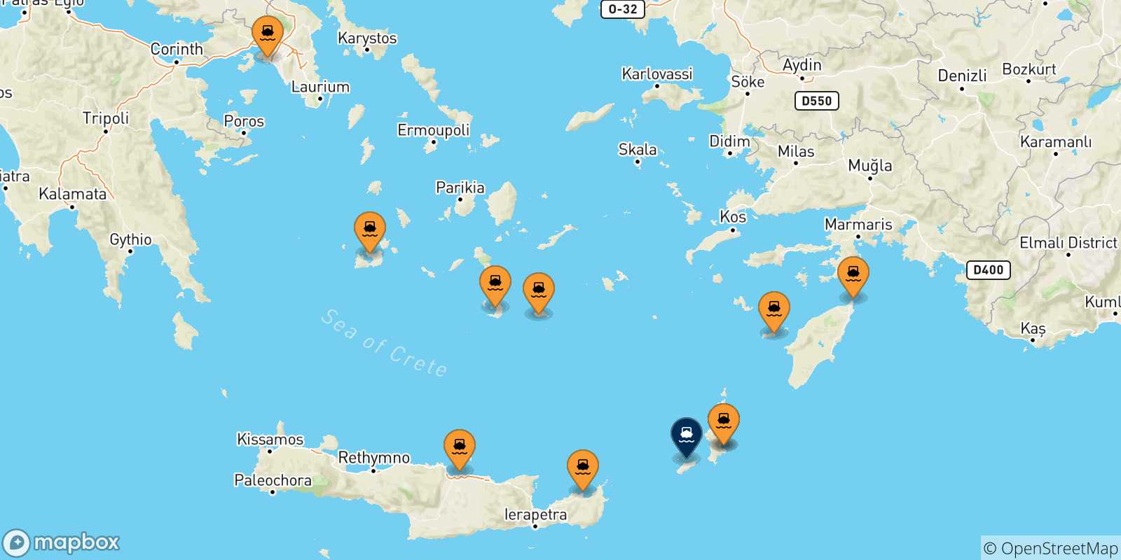 Mapa de las posibles rutas entre Grecia y  Kasos