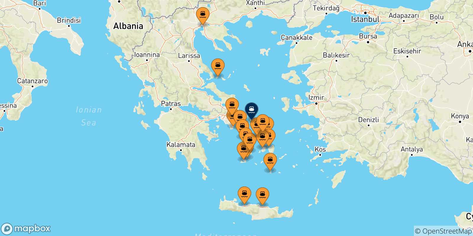 Mapa de las posibles rutas entre Grecia y  Andros