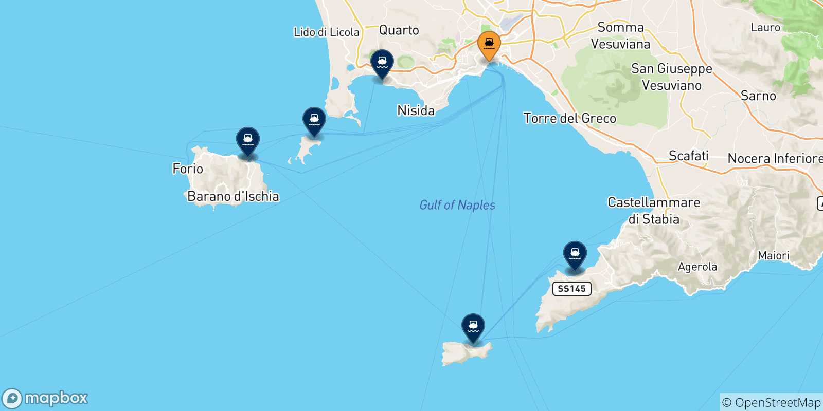 Mapa de las posibles rutas entre Nápoles Beverello y  Italia