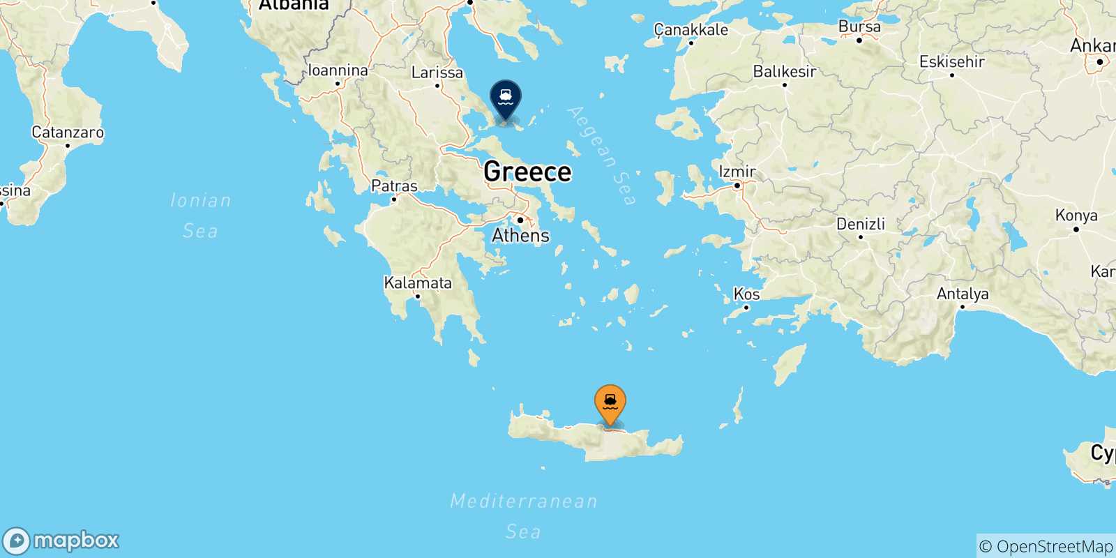 Mapa de las posibles rutas entre Heraklion y  Islas Espóradas