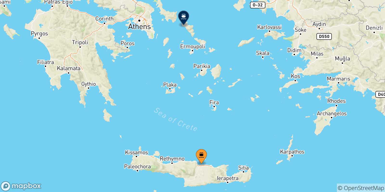 Mapa de las posibles rutas entre Creta y  Andros