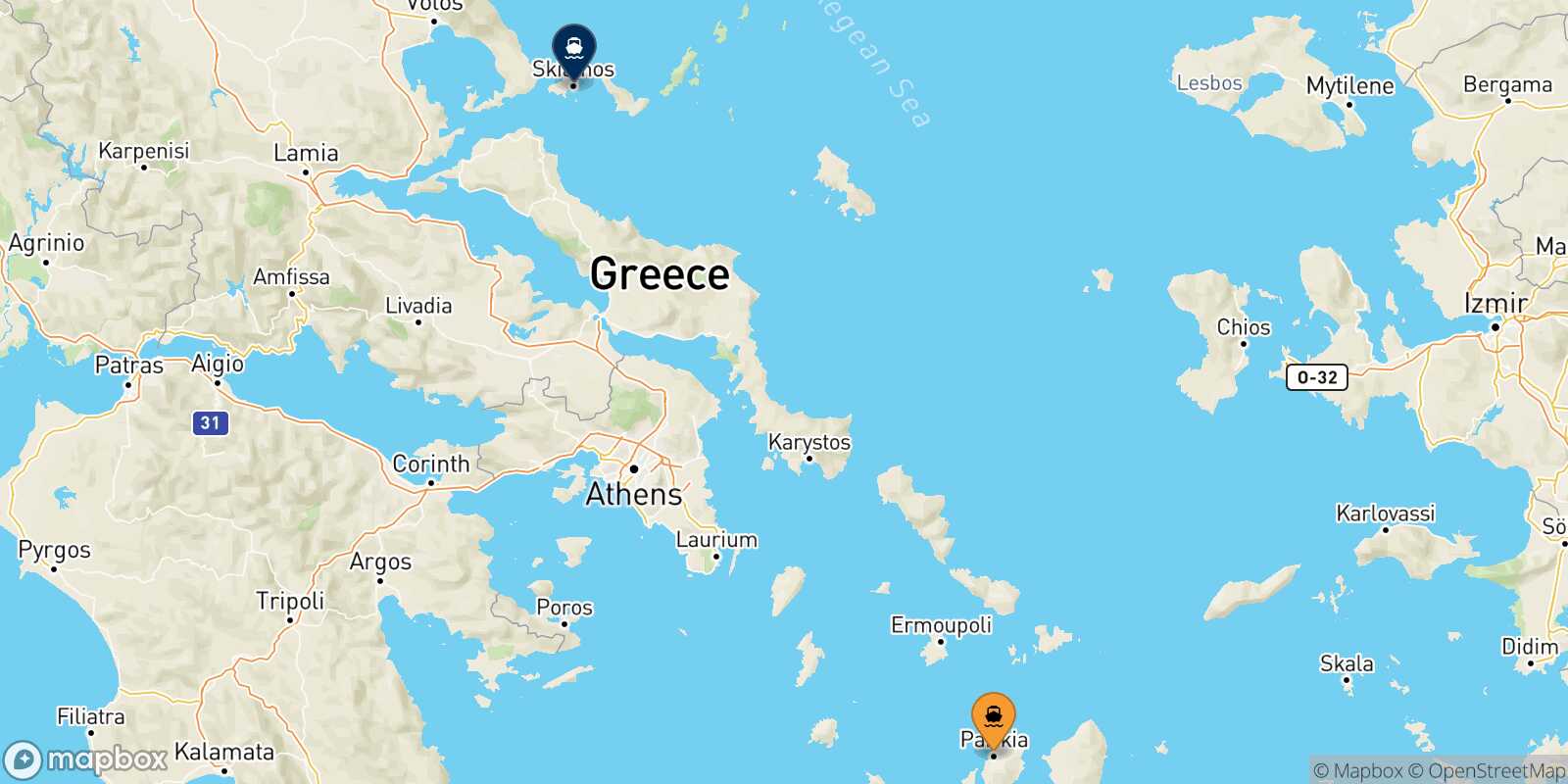 Mapa de la ruta Paros Skiathos
