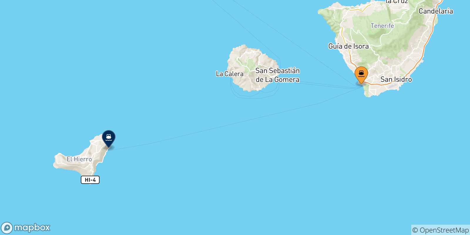 Mapa de las posibles rutas entre Los Cristianos (Tenerife) y  Islas Canarias