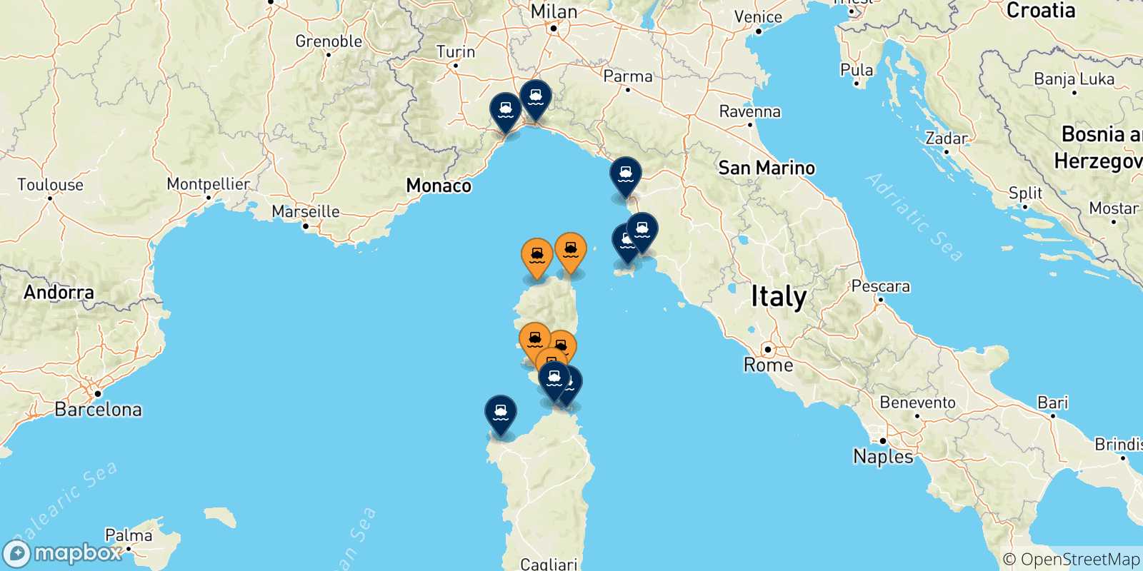 Mapa de las posibles rutas entre Córcega y  Italia