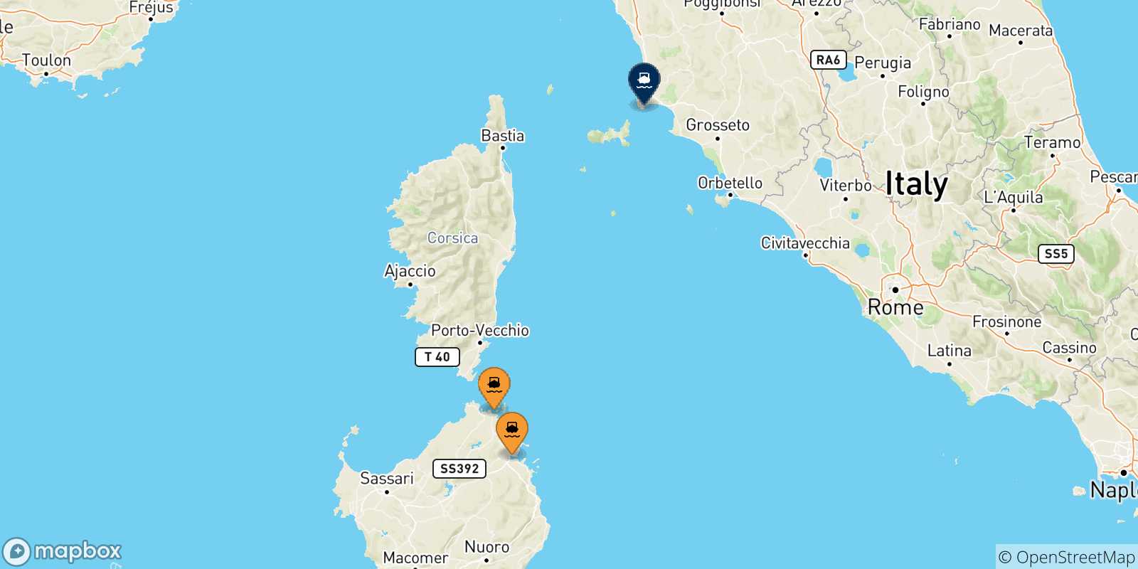 Mapa de las posibles rutas entre Cerdeña y  Piombino