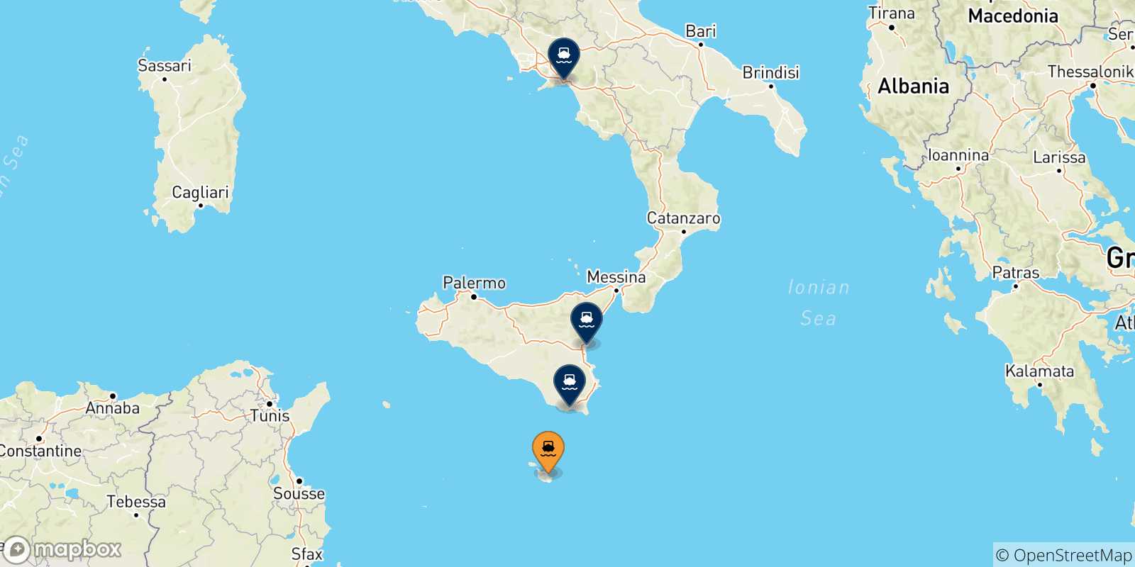 Mapa de las posibles rutas entre Malta y  Italia