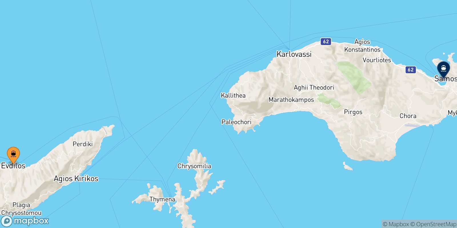 Mapa de la ruta Agios Kirikos (Ikaria) Vathi (Samos)