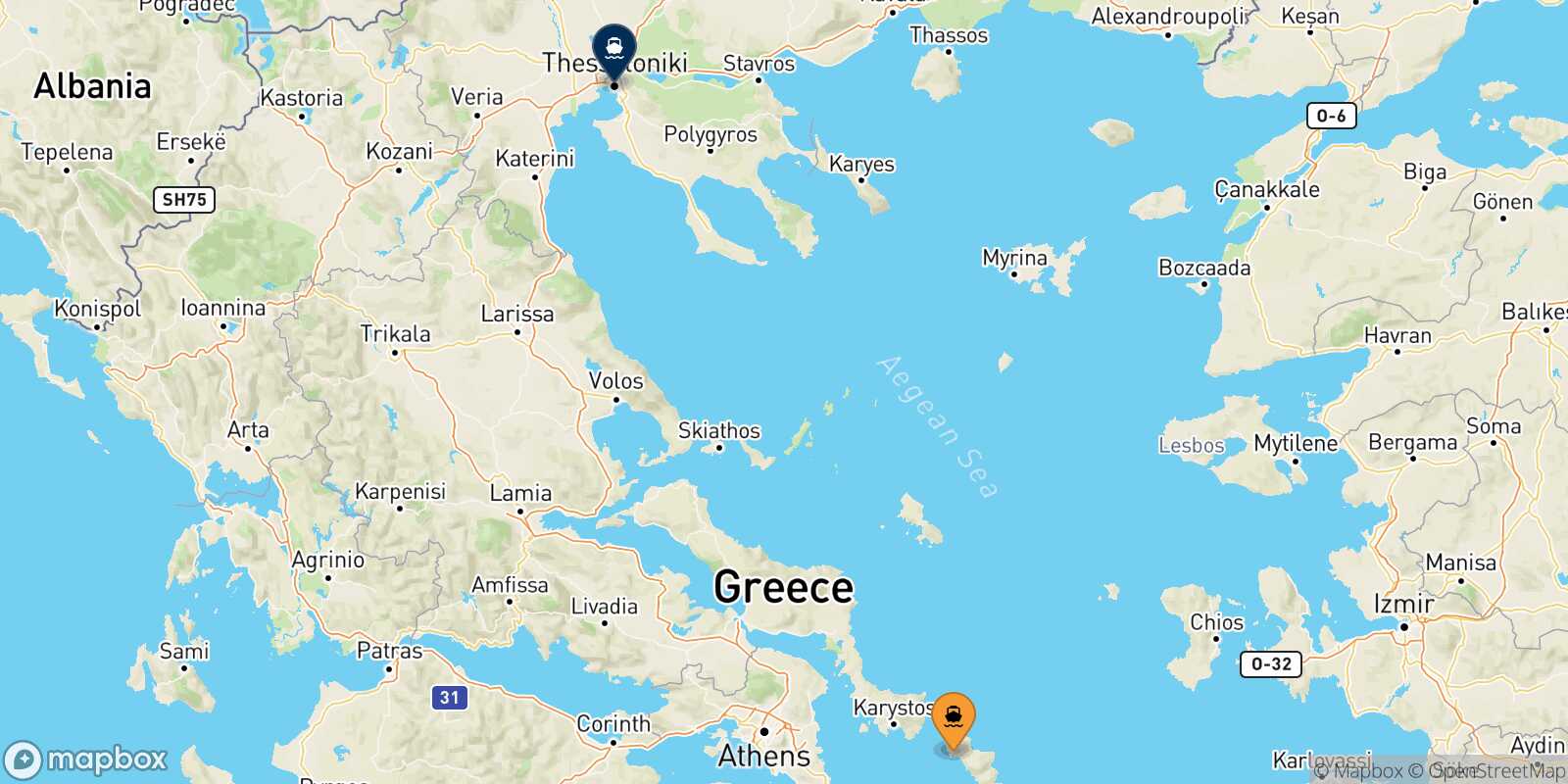 Mapa de la ruta Andros Salónica
