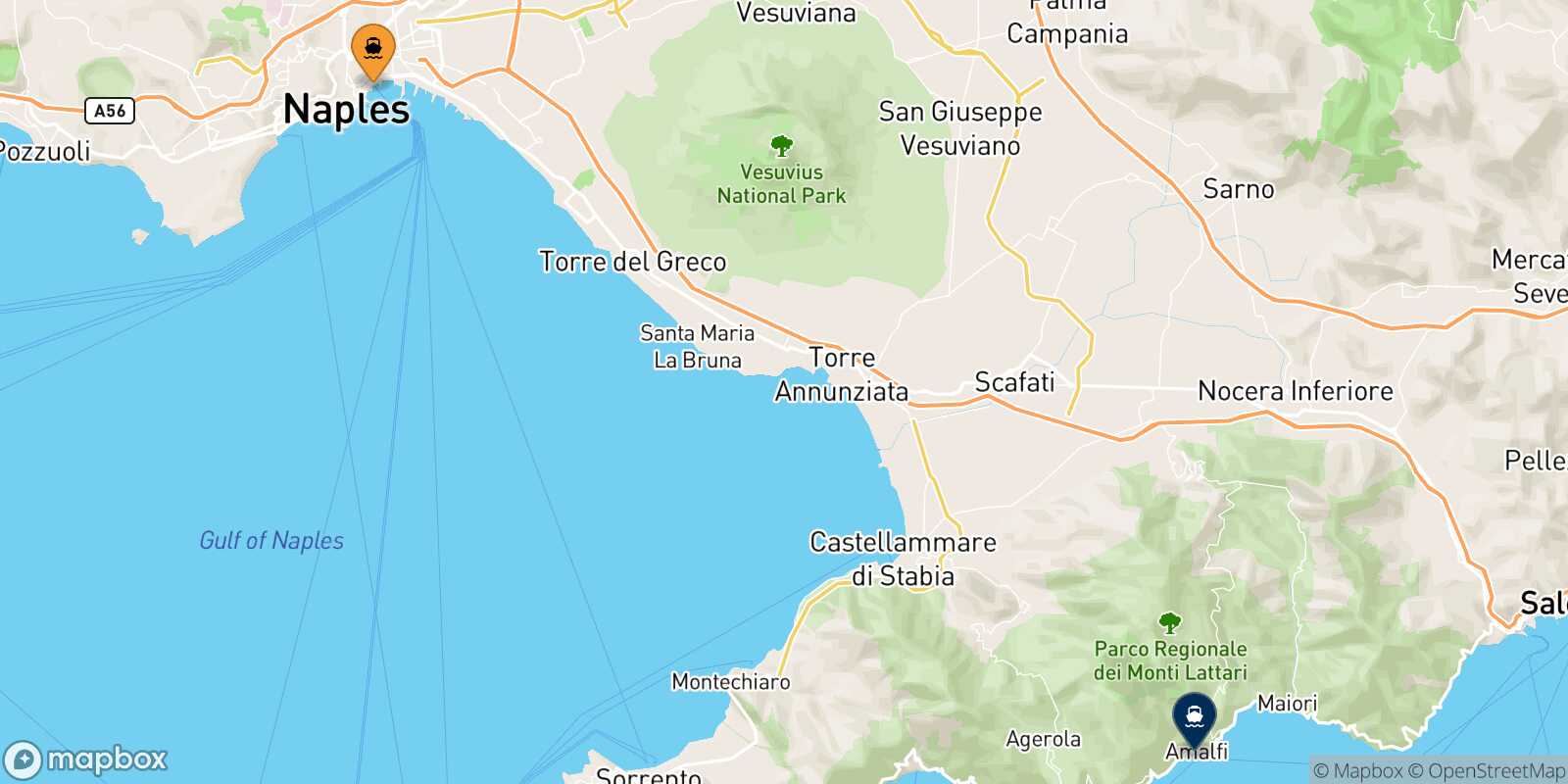 Mapa de la ruta Nápoles Beverello Amalfi