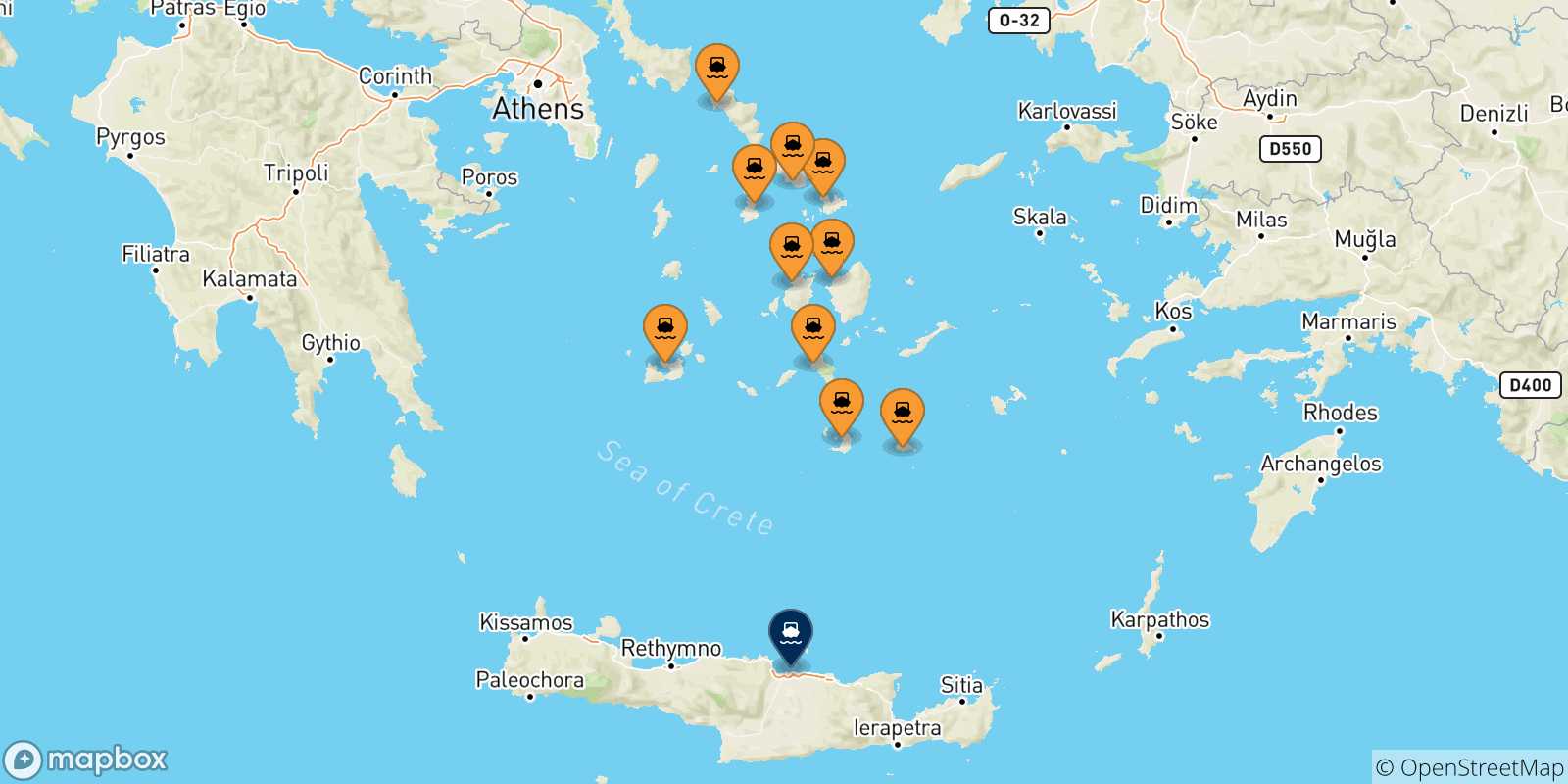 Mapa de las posibles rutas entre Las Cicladas y  Heraklion