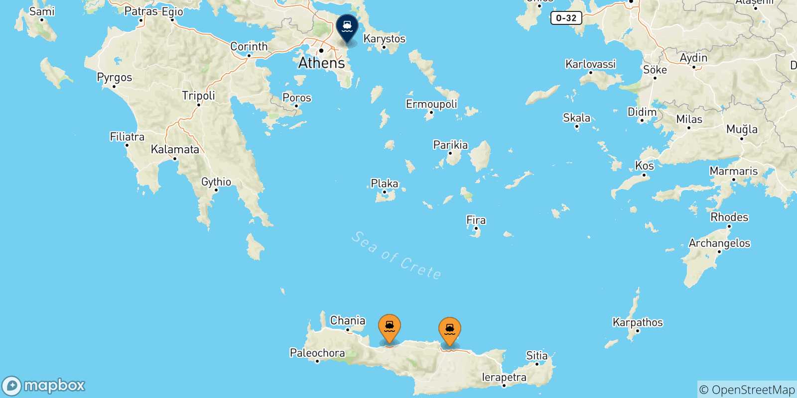 Mapa de las posibles rutas entre Creta y  Rafina